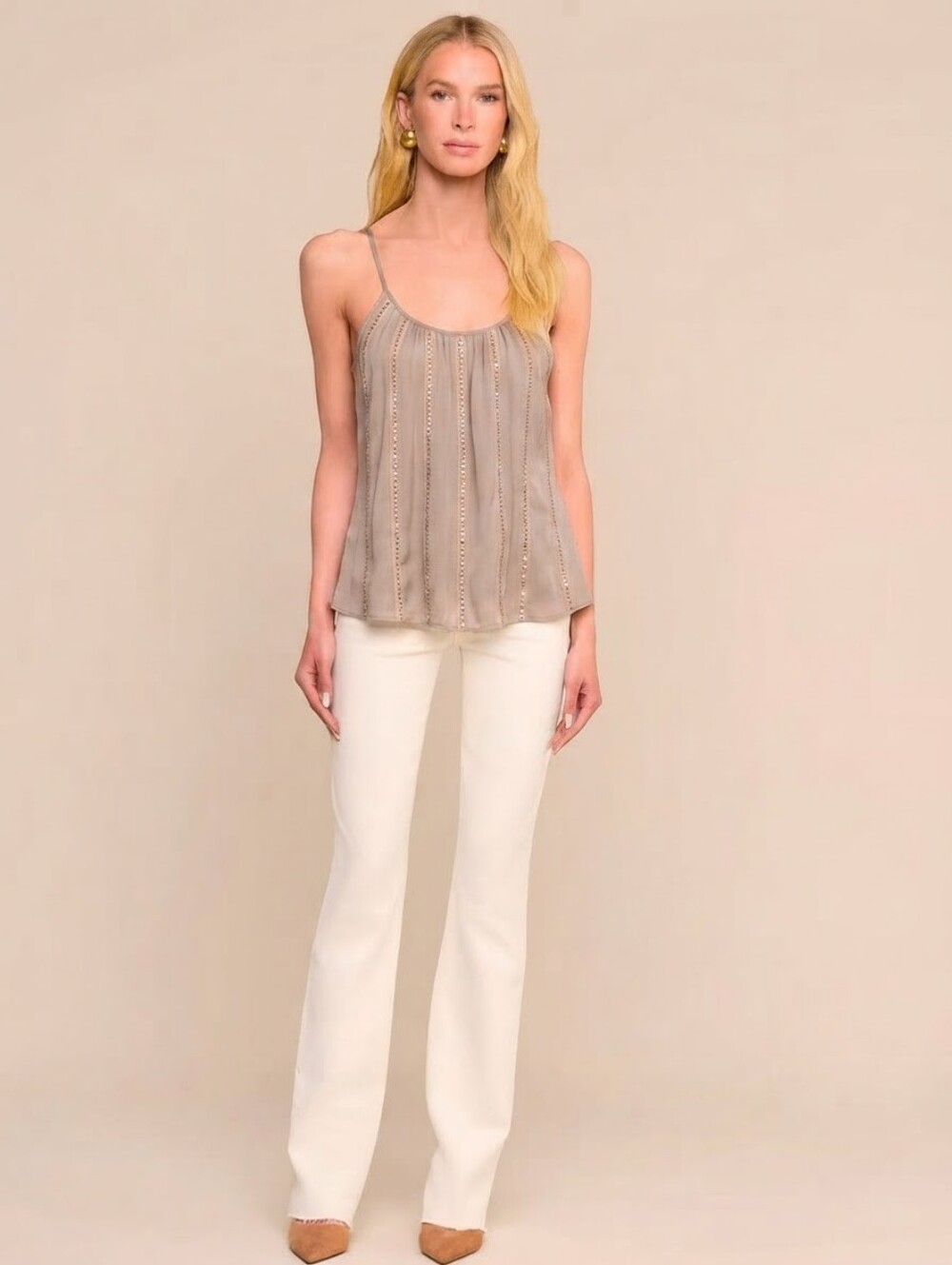 L'Agence 100% Silk Embellished Studded Taupe Silk Camisole Tank Top Size 4